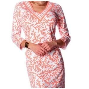 Barbara Gerwit Coral Print Tunic Mini Dress Size Small 3/4 Sleeve
